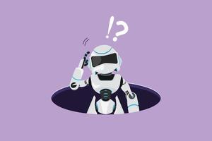 Graphic flat design drawing confused robot emerges from hole. Depressed and business failure. Future technology development. Artificial intelligence machine learning. Cartoon style vector illustration