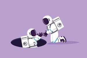 Character flat drawing young astronaut helping his friend by take him out from hole in moon surface. Exploration struggle, teamwork concept. Cosmonaut outer space. Cartoon design vector illustration