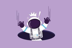 Cartoon flat style drawing young astronaut fell into manhole underground sewer in moon surface. Depressed spaceman due to exploration failure. Cosmonaut deep space. Graphic design vector illustration