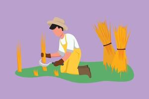 Cartoon flat style drawing happy male farmer harvesting rice and there is also rice that has been tied up. Harvest season in rural rice fields. Successful farming. Graphic design vector illustration