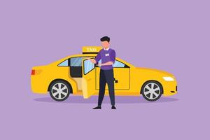 Graphic flat design drawing male taxi drivers are inviting prospective passengers to get inside and deliver them to their destination. Modern transportation in urban. Cartoon style vector illustration