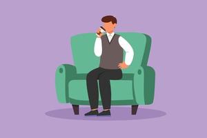 Cartoon flat style drawing businessman sitting on the couch and resting, drinking tea. The manager is holding a paper cup of coffee. Enjoying break time at office. Graphic design vector illustration