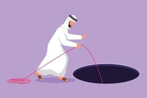 Cartoon flat style drawing Arabian businessman stretch out rope into hole. Man wondering and looking at the big hole, business opportunity, exploration or challenge. Graphic design vector illustration