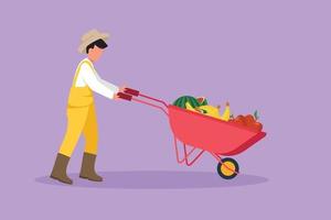 Character flat drawing farming man pushing wheelbarrow with banana, apple, watermelon. Natural tasty food. Organic farm products. Male working on harvesting season. Cartoon design vector illustration