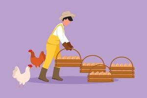 Character flat drawing eco farm with male farmer holding basket of eggs and hen near field with barns. Man with organic food, agrarian worker. Village, countryside. Cartoon design vector illustration