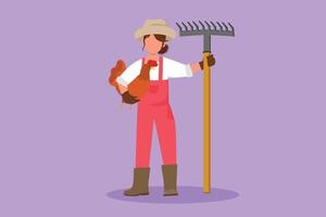 personaje plano dibujo agricultor de pie y sosteniendo pollo con rastrillo. trabajo de carácter de aldeano de mujer joven, cuidado de gallinas en granja avícola, agricultura, ganadería. ilustración vectorial de diseño de dibujos animados vector