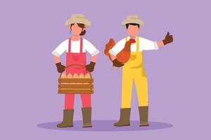 Cartoon flat style drawing of couple farmers standing with basket of hens eggs and chicken on poultry farm at summertime. Successful agriculture and farming concept. Graphic design vector illustration