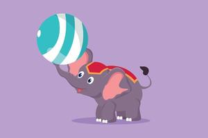 Cartoon flat style drawing an elephant performs circus show by turning a ball using its trunk. Cute animal which is very attractive. Successful show entertainment. Graphic design vector illustration