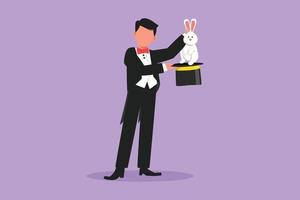 Cartoon flat style drawing male magician puts on show by getting rabbit out of his magic hat. Very impressive magic show that night. Success business entertainment. Graphic design vector illustration