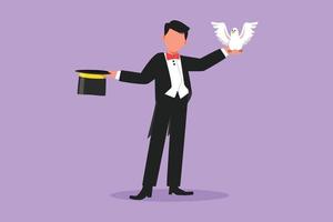 Character flat drawing male magician puts on a show by getting a bird out of his magic hat. Very interesting magic show performance. Success business entertainment. Cartoon design vector illustration