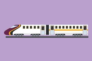 Cartoon flat style drawing bullet train speeding on the tracks carrying passengers who are on summer vacation. Affordable public transportation. Intercity vehicles. Graphic design vector illustration