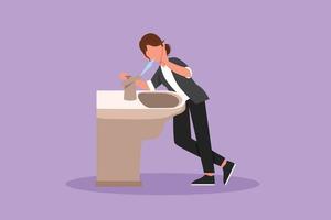 Cartoon flat style drawing young businesswoman who is thirsty drinking at the ready-to-drink taps that are widely available in public spaces. Healthy and freshness. Graphic design vector illustration