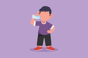 dibujos animados de estilo plano dibujando a un niño de pie mientras sostiene y disfruta de una botella de leche fresca para cumplir con su nutrición corporal. concepto de salud y crecimiento infantil o infantil. ilustración vectorial de diseño gráfico vector