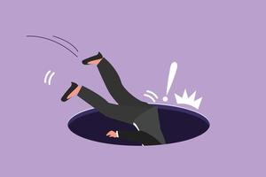 Character flat drawing of businesswoman falling into pit hole. Legs up. Logo protruding legs from hatch, puddles. Business failure metaphor. Defeated worker concept. Cartoon design vector illustration