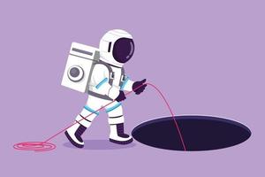 Cartoon flat style drawing young astronaut stretch out rope into hole in moon surface. Wondering or looking at exploration opportunity. Cosmonaut deep space concept. Graphic design vector illustration