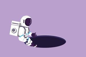 Character flat drawing young astronaut descends into hole in moon surface. Concept of failure to take advantage of exploration opportunities. Cosmonaut outer space. Cartoon design vector illustration