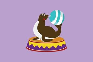 Character flat style drawing sea lion on stage playing stunt with striped ball in its tail. Sea lions are highly trained in performance. Circus animal show event. Cartoon design vector illustration
