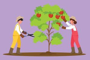 Graphic flat design drawing agriculture gardeners take care of tree on garden. Couple farmers planting together. Man with scissors cutting branches, female picking apple. Cartoon vector illustration