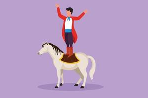 Cartoon flat style drawing young male acrobat performs stunt on circus horse by standing on the horse's back and raising his hands. Circus show event entertainment. Graphic design vector illustration