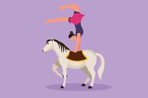 Graphic flat design drawing female acrobat performing hand stand dance on horseback. Funny circus horse lifting one of its legs. Circus show event entertainment. Cartoon draw style vector illustration