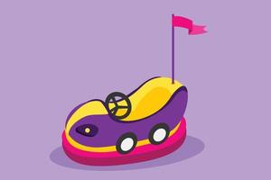 Cartoon flat style drawing colorful electric dodgem car in amusement park arena with flag on top of antenna. Happy childhood memories playing bumper car with friend. Graphic design vector illustration