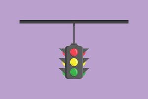 Cartoon flat style drawing traffic lights that are placed hanging above the highway crossing. There are four direction traffic lights. Red, yellow, green light sign. Graphic design vector illustration