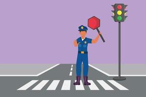 Graphic flat design drawing policeman on crossing path near traffic light, in full uniform, lifting traffic stop sign, controlling crowd of vehicles during rush hour. Cartoon style vector illustration