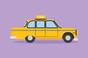 Cartoon flat style drawing old taxi cars still operating serve passengers to get around to historical places. Vintage holiday facilities. Retro vehicle on roadway. Graphic design vector illustration
