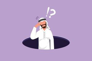 Graphic flat design drawing confused young Arab businessman emerges from the hole. Depressed and business failure metaphor concept. Defeated employee in competition. Cartoon style vector illustration
