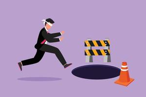 Cartoon flat style drawing blindfolded young businessman running to find money with pit hole. Male manager runs to business trap. Blind investment metaphor concept. Graphic design vector illustration