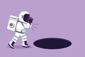 Character flat drawing young astronaut scream into pit hole in moon surface. Spaceman searching opportunity, exploration, challenge at galaxy. Cosmonaut outer space. Cartoon design vector illustration