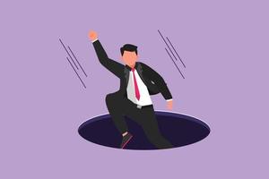 Character flat drawing businessman fell into manhole underground sewer. Manager fell sewer hatch. Depressed and business failure concept. Defeated worker metaphor. Cartoon design vector illustration