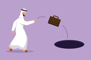 Character flat drawing Arab businessman throws briefcase into hole. Failure to take advantage of business opportunities. Frustrated worker due to financial crisis. Cartoon design vector illustration
