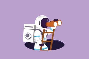 dibujo de estilo plano de dibujos animados joven astronauta sale del agujero por escalera y usa binocular en la superficie de la luna. buscando oportunidad concepto de espacio profundo de cosmonauta. ilustración vectorial de diseño gráfico vector