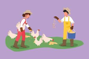 Cartoon flat style drawing couple farmers holding bucket of seeds and feeding chickens and hens. Countryside farming. Rural scene with agricultural worker, poultry. Graphic design vector illustration