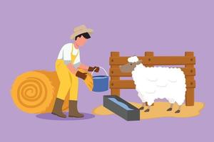 Graphic flat design drawing male farmer feed sheep with fresh grass to be healthy, produce best milk, meat, fleece. Livestock worker activities. Successful farming. Cartoon style vector illustration