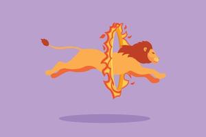 Graphic flat design drawing lion jumping into a circle of fire at a circus show. The trainer is paying close attention. Amazing performance. Circus animal show event. Cartoon style vector illustration