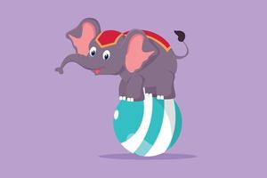 Cartoon flat style drawing a cute elephant stands on the ball with all fours awaiting further instructions from the trainer. Good animal circus show entertainment. Graphic design vector illustration