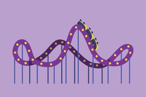 Graphic flat design drawing colorful roller coaster in amusement park with track high into sky. Passenger screamed while moving at high speed. Popular extreme rides. Cartoon style vector illustration