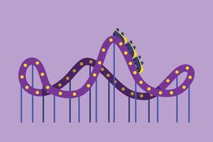 Graphic flat design drawing colorful roller coaster in amusement park with track high into sky. Passenger screamed while moving at high speed. Popular extreme rides. Cartoon style vector illustration