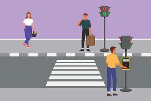 Graphic flat design drawing man pushes a button at a traffic light to cross the road on zebra crossing. Road is busy during office hours. Roadway scene at rush hour. Cartoon style vector illustration