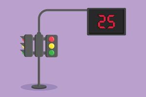 Graphic flat design drawing of traffic light that uses countdown time to inform road users of remaining stop time and road time. There are red, yellow, green lights. Cartoon style vector illustration