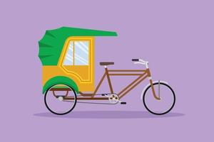 El rickshaw de ciclo de dibujo de diseño plano gráfico visto desde el lado tira del pasajero sentado detrás de él con un pedal de bicicleta. vehículo turístico en los países de asia. ilustración de vector de personaje de estilo de dibujos animados