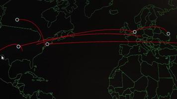 World map with different targets for cyber attack. Hacking and technology concept. Macro shooting at monitor pixels video