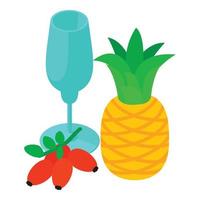 Vitamin drink icon isometric vector. Stemmed glass red rose hip and pineapple vector