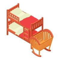 icono de muebles para niños vector isométrico. cama de dos niveles con ropa de cama y cuna