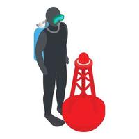 Scuba diver icon isometric vector. Human in wetsuit and red floating lighthouse vector