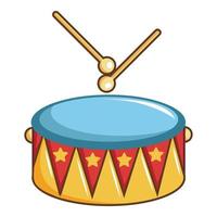 Colorful drum and drumsticks icon, cartoon style vector