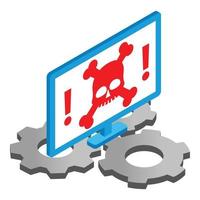 Malware removal icon isometric vector. Skull bone on computer screen cogwheel vector