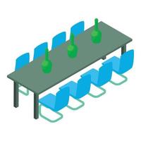 muebles de conferencia icono vector isométrico. botella de vidrio en una mesa larga y una silla